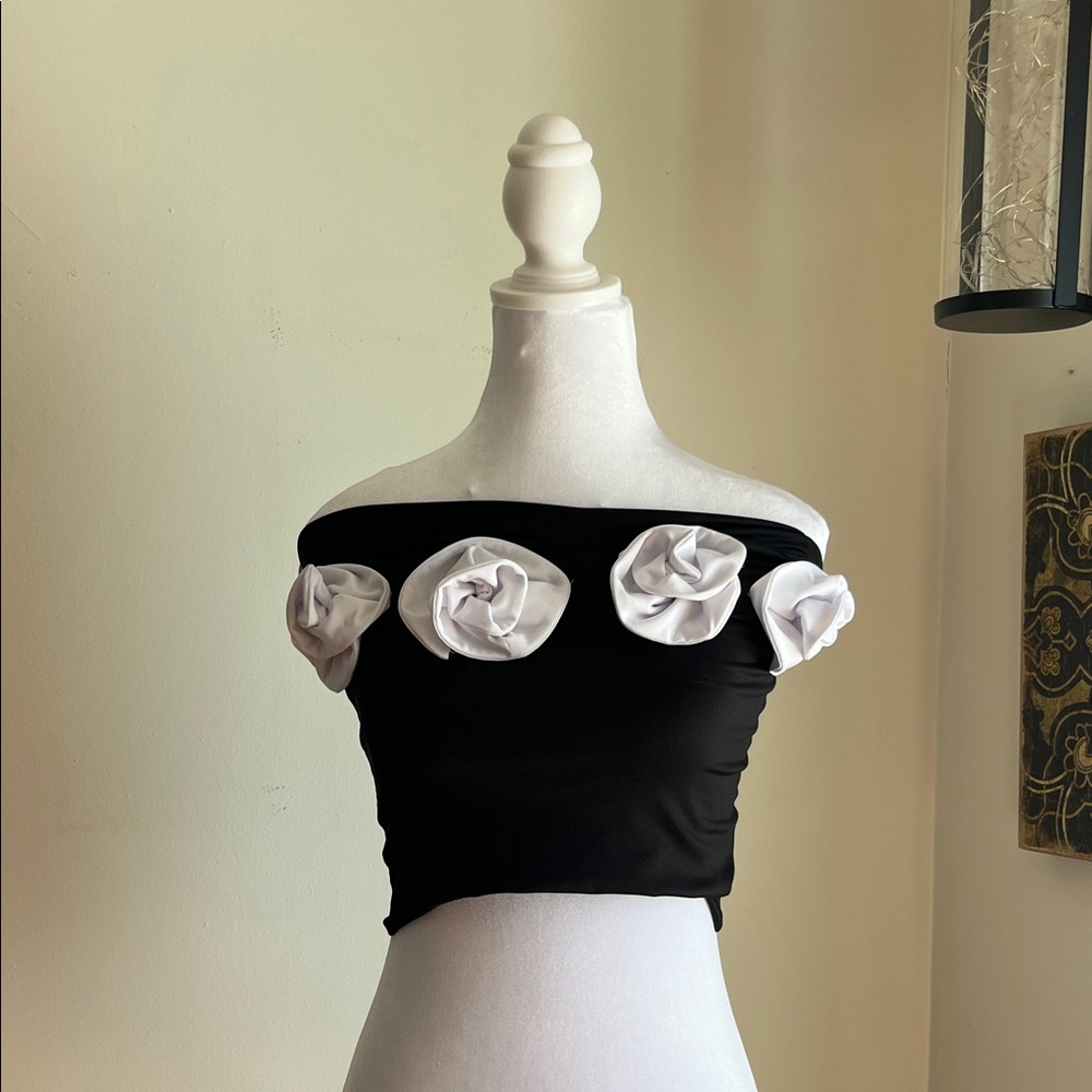 Free People Black Off-Shoulder Crop Top with White Rosette Accents